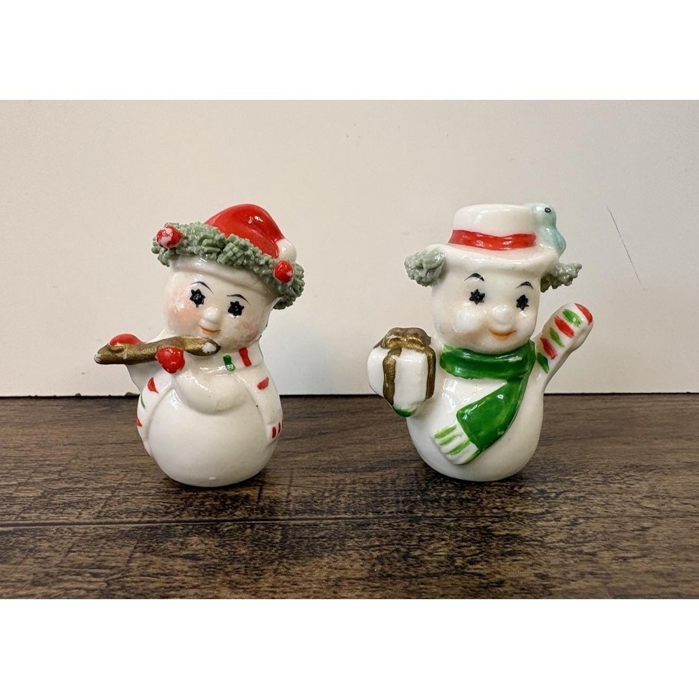 Vintage Miniature Napco Snowman Couple 2"Figures Spaghetti Trim Bone China
